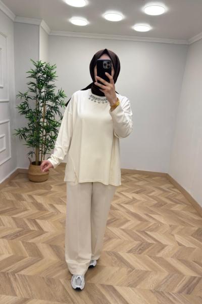 İkoll Taş İşlemeli Takım Bej