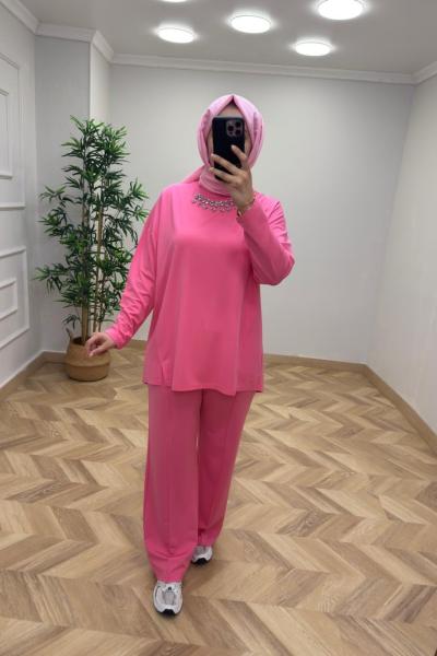 İkoll Taş İşlemeli Takım Pembe