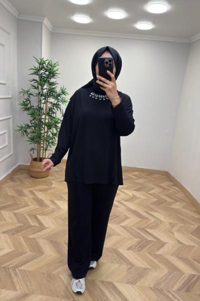İkoll Taş İşlemeli Takım Siyah