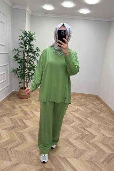 İkoll Taş İşlemeli Takım Yeşil