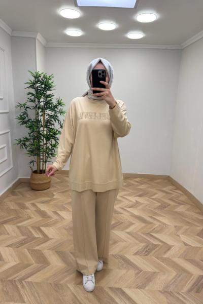 İkoll Sim Detay Nakışlı Takım Camel