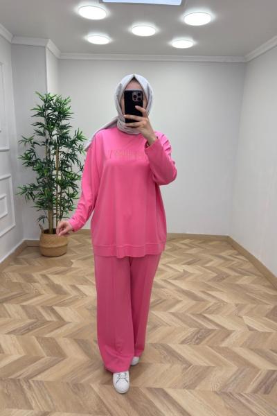 İkoll Sim Detay Nakışlı Takım Pembe