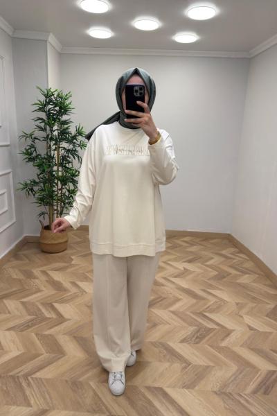 İkoll Sim Detay Nakışlı Takım Bej