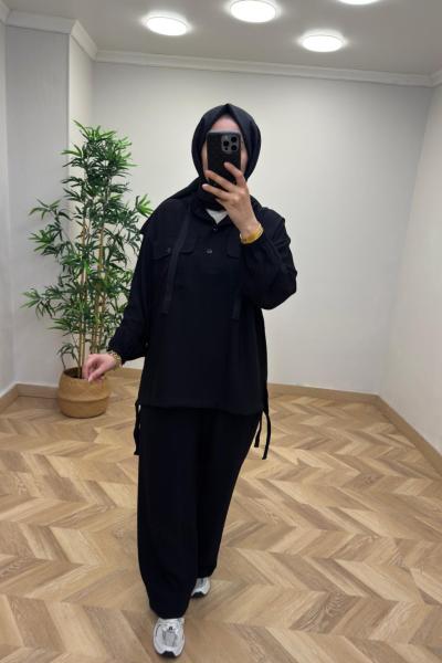 Linda Çilek Keten Takım Siyah