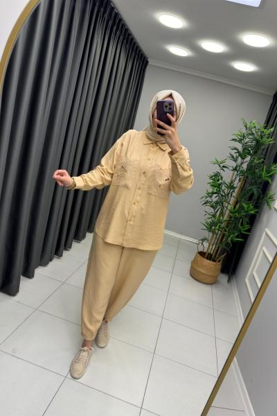 Sofya Gömlekli Cep Detaylı Takım Camel